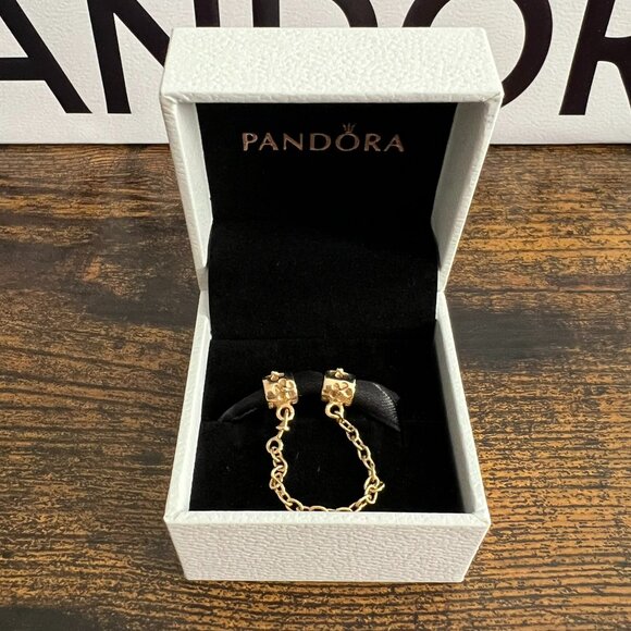 NIB Pandora 14kt gold flower safety chain protect bracelet charm #750312 - Picture 2 of 5